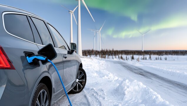 Winter landscape with electric car charging in scenic kingdom featuring wind turbines - Powered by Adobe