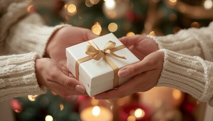 Close up of hands holding a small white gift box with a golden ribbon tied in a bow christmas tree lights bokeh background