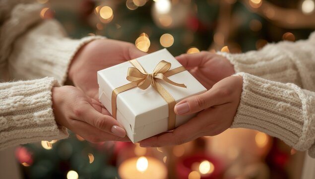 Close up of hands holding a small white gift box with a golden ribbon tied in a bow christmas tree lights bokeh background