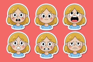 Cartoon Girl Expressing Six Different Emotions With Big Eyes And Blonde Hair Keywords: cartoon, girl, emotions, expressions, happy, sad, angry
