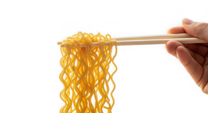 Hand holding noodles with chopsticks - Powered by Adobe