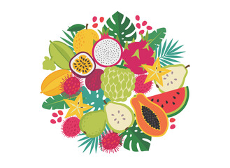 A colorful hand‑drawn illustration of ripe, juicy tropical fruits&mdash;tamarillo, passion fruit, mentega, fig, carambola, feijoa, papaya, longan, and rambutan&mdash;arranged together on a white background