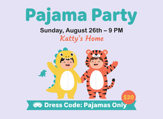 Obraz premium Poster inviting guests to a pajama home party, featuring a vertical design with a cheerful man in a cute jumpsuit, a vertical template for an entertainment event, and a flat vector cartoon