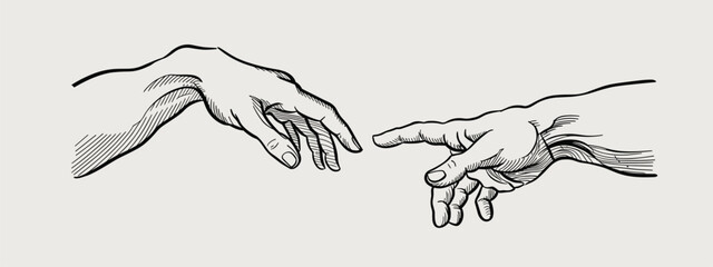 Detailed Engraving of Two Hands Reaching Towards Each Other touching human © Emon