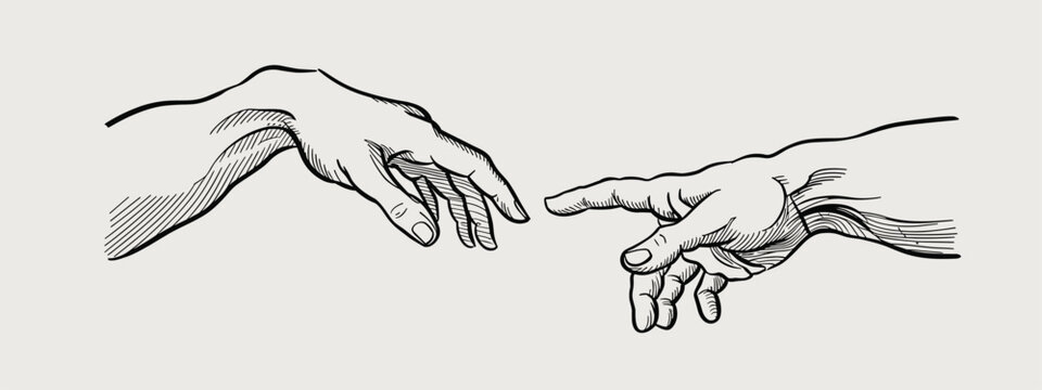 Detailed Engraving of Two Hands Reaching Towards Each Other touching human
