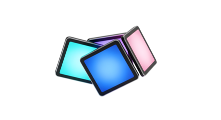 Three colorful square screens isolated on white background, modern technology