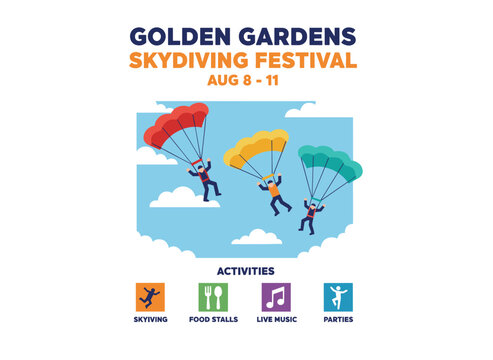 Colorful vector flat illustration of a skydiving festival poster, featuring a place for text, announcing an extreme sport parachuting holiday with an active parachutist performing daring jumps