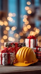 Festive christmas card banner with helmet and wrapped gifts on a table