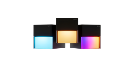 Three modern cube lamps with colorful light isolated on white background