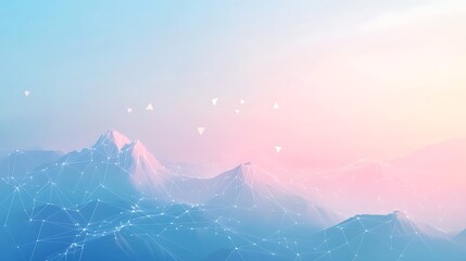 Abstract mountain landscape with connecting dots and lines in blue and pink gradient