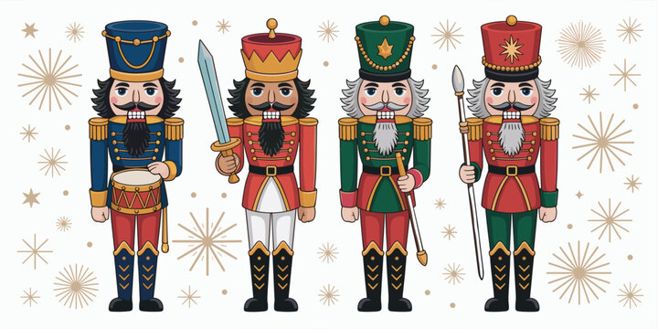 Four Traditional Nutcracker Soldiers in Festive Uniforms with Starbursts Keywords: nutcracker, soldier, christmas, holiday, tradition, festive