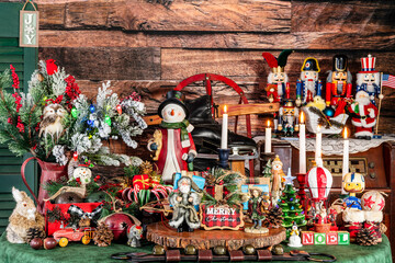 maximalist Christmas with Santa nutcrackers and vintage toys surrounded by classic Christmas decorations