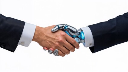 Human hand and robotic hand shaking in agreement symbolizing partnership and future technology