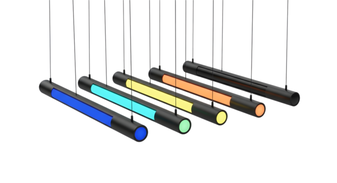 Modern led linear pendant lights isolated on white background in studio