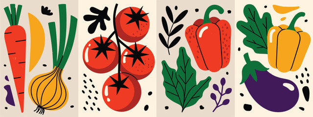 Vibrant Abstract Illustration of Fresh Vegetables and Leaves in a Grid Layout food healthy