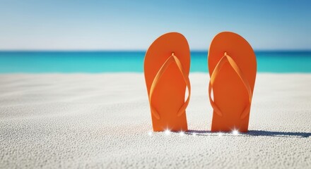A pair of bright orange flipflops standing upright in the soft white sand on a tropical beach, with the turquoise ocean and clear blue sky in the background
