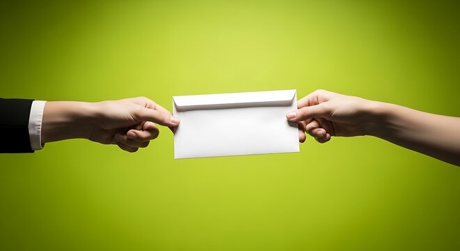 Hands Exchanging White Envelope Against Bright Green Background