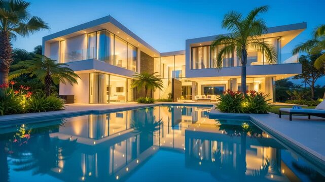 Luxury Modern Villa Estate Infinity Pool Tropical Palms Dusk Twilight Ambiance Serene Evening