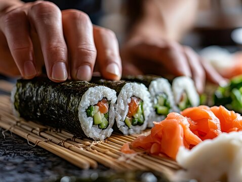 Close up of chef's hands preparing fresh hosomaki sushi rolls filled with salmon, cucumber, and rice on a bamboo rolling mat - Powered by Adobe