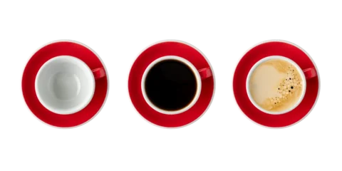 Selbstklebende Fototapeten Cafe Empty , black americano and crema coffee red white cups isolated on white background. Mockup cup for drink.  © BarTa