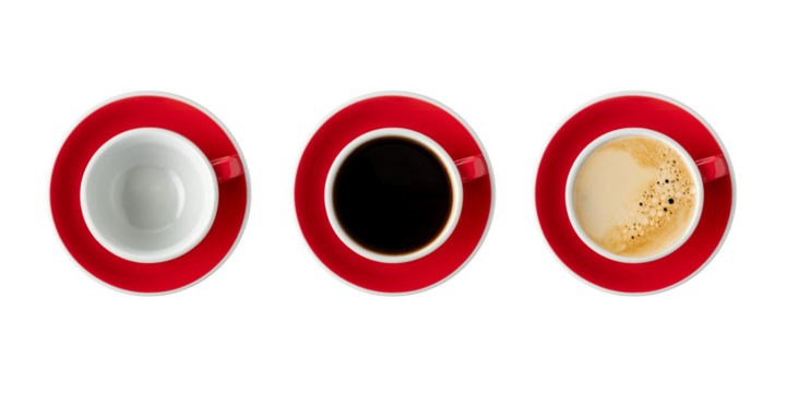 Empty , black americano and crema coffee red white cups isolated on white background. Mockup cup for drink.