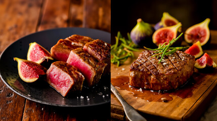 A split-screen photograph of a meal showing a plate of grilled meat with a red interior and a plate with sliced figs and green onions
