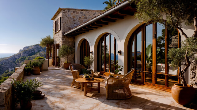 Fototapeta A luxurious outdoor seating area with a view of the ocean featuring a stone building with arched windows and a patio with wicker chairs and a table