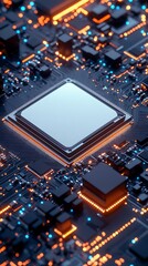 Fototapeta premium Advanced microchip with intricate circuit board, vibrant lights, and dark background for high performance systems