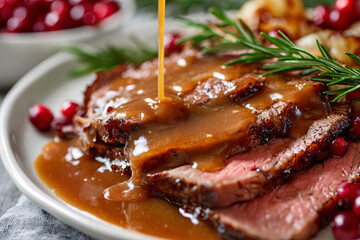 Roast beef with gravy, cranberries, and rosemary on a white plate.