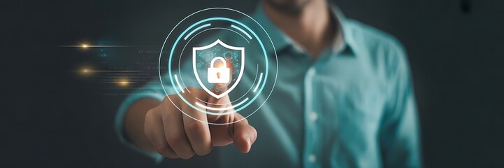 Businessmen protect personal digital information by biometric identity verification. Thumbs up with shield icon and padlock. Global network security technology..