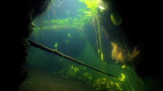 Water lilies growing by the peat layer of clear-watered bog lake