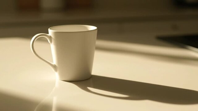 A clean white ceramic mug stands on a bright surface with a long distinct shadow.