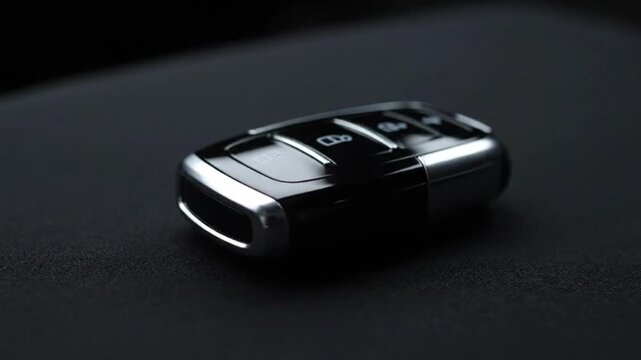 Sleek black car key with chrome details resting on a dark, textured surface