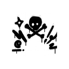 Bold graffiti skull and crossbones with dynamic spray paint elements and abstract shapes for a rebellious urban vibe