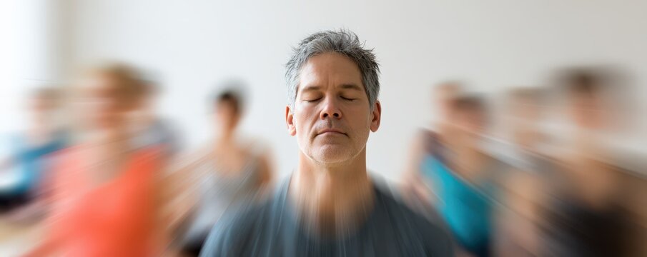 Middle aged man meditating in serenity for mindfulness and relaxation