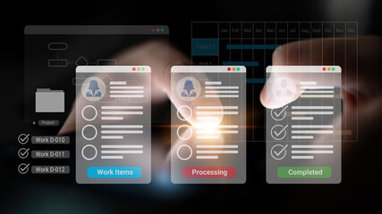 Digital interface displaying project tasks under Work Items, Processing, and Completed categories with Gantt chart timeline visualization Parse