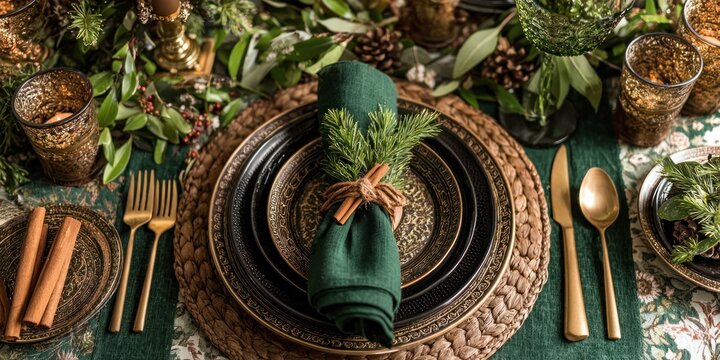 Elegant christmas table setting with golden cutlery and green decorations