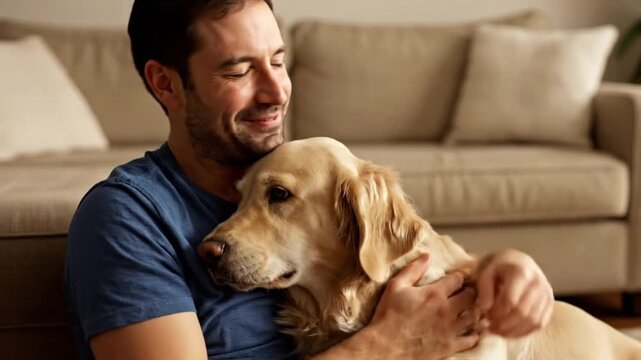A man smiles while affectionately embracing his golden retriever dog at home.