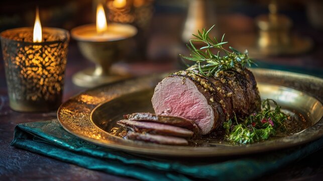 Delicious roast beef tenderloin with rosemary on a festive golden plate - Powered by Adobe
