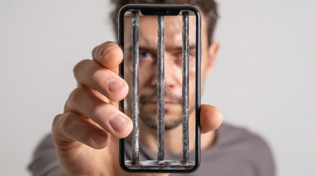 A man behind a smartphone screen is behind prison bars, symbolizing digital imprisonment, addiction, and the constraints of the digital world.Created with Generative AI, not depicting real subjects. - Powered by Adobe