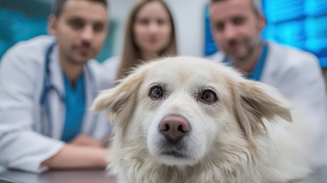 Caring veterinary team with dog in modern clinic environment for pet health design