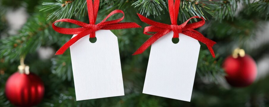 Christmas tree with blank gift tags for festive decoration and personalization