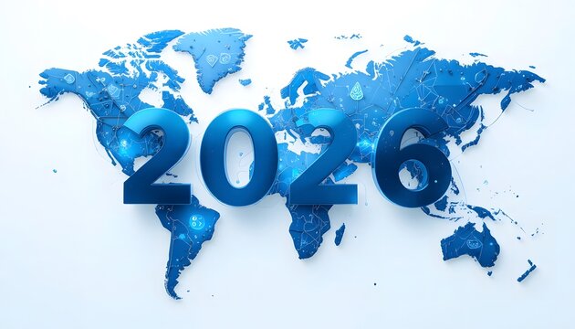"Modern 2026 Futuristic World Map on White Background".  2026 world