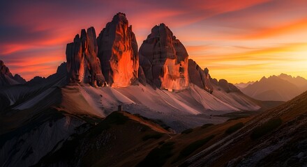 Naklejka premium Fiery sunset paints the sky with vibrant colors behind imposing, jagged mountain peaks in a dramatic landscape.