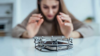 A woman expresses a range of emotions as she looks at her smartphone trapped in a cage. ..Created with Generative AI, not depicting real subjects.