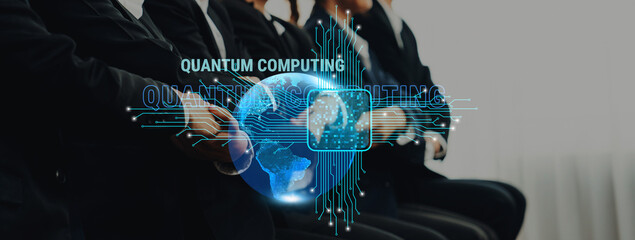 A professional business team engaged in quantum computing discussions at a conference, showcasing cutting-edge technology and its global impact through digital interfaces. Trope