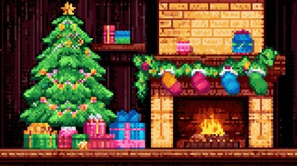 Festive pixel art christmas scene with decorated tree and cozy fireplace