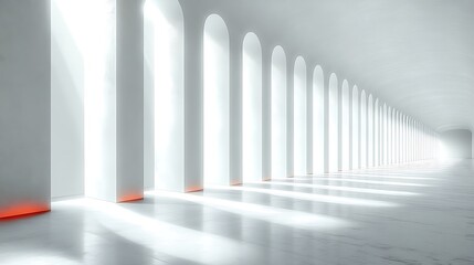 White minimalist interior hallway with arched windows and light beams through opening