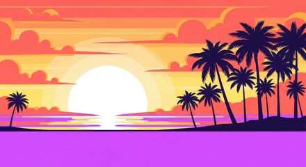Naklejka premium A stunning tropical sunset over the ocean, with silhouetted palm trees against a vibrant sky filled with orange, pink, and purple hues, evoking a sense of paradise and relaxation