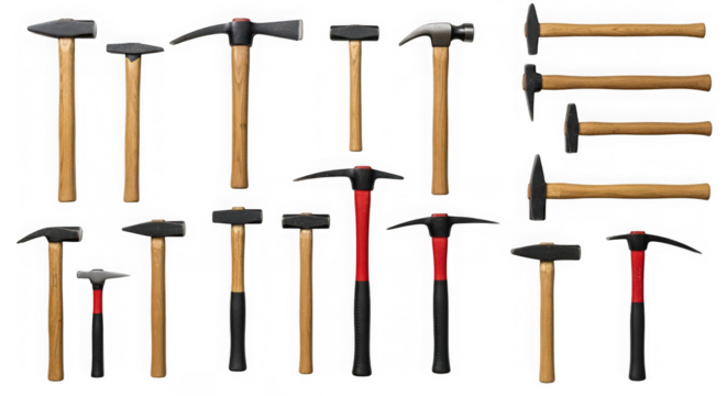 Collection of various hammers and pickaxes